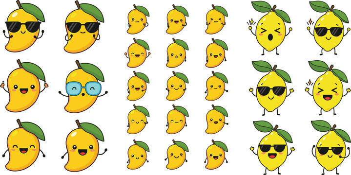 Cute mango cartoon characters collection vector illustration with funny faces and poses, tropical fruit set for kids design, summer themes and playful concepts