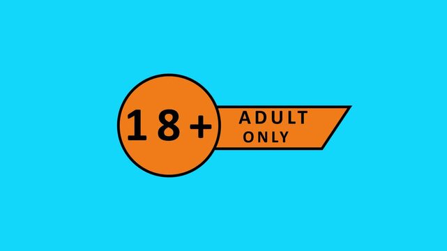 An age restriction symbol displayed with "18+" in black within an orange circle and ADULTONLY" in black text on an orange banner, all against a bright cyan blue background