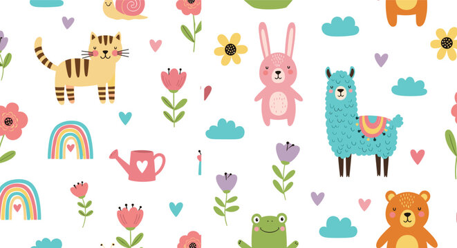 Cute nursery pattern with animals flowers rainbow and playful elements seamless cartoon vector illustration for kids background design