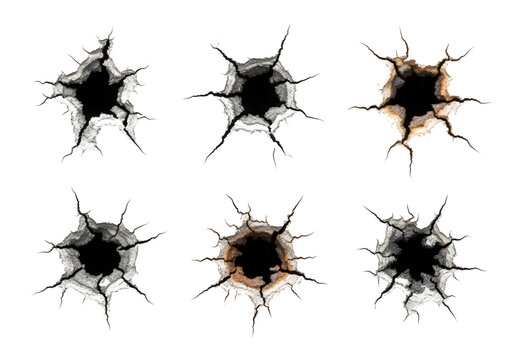 Realistic bullet holes showing surface damage and cracked impact marks, isolated on white or transparent background. PNG format.