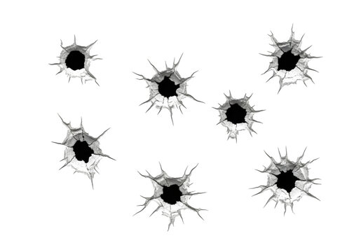 Realistic bullet holes showing surface damage and cracked impact marks, isolated on white or transparent background. PNG format.