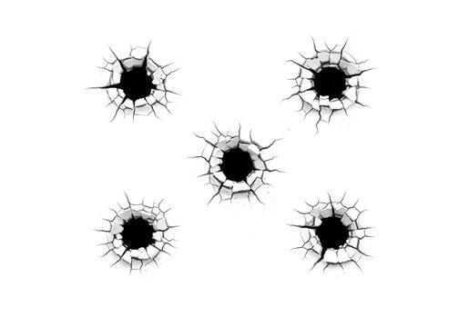 Realistic bullet holes showing surface damage and cracked impact marks, isolated on white or transparent background. PNG format.