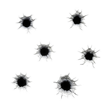 Realistic bullet holes showing surface damage and cracked impact marks, isolated on white or transparent background. PNG format.