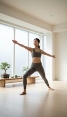 Fototapeta premium Asian Woman Holds Steady Pose, Woman Maintaining Balanced Yoga Position Amid Shining Sunlight, Focused Female Practitioner Sustains Peaceful Yoga Posture Under Vibrant Sunlight Glare