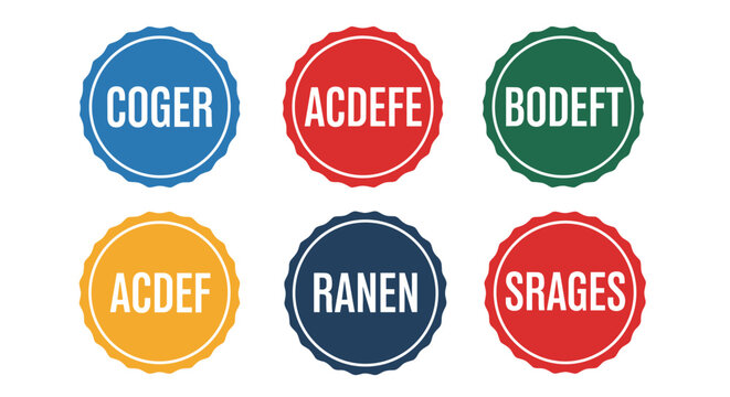 Six vibrant circular badges featuring bold white sans-serif text: coger, acdefe, bodeft, acdef, ranen, srages, arranged in two rows, showcasing clean lines, distinct primary and