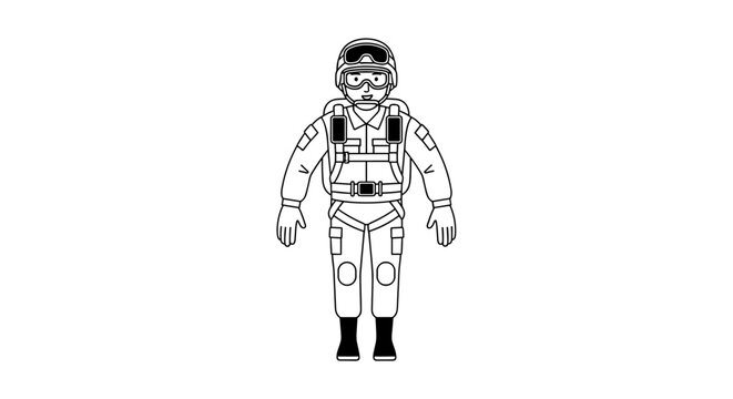 Skydiver wearing helmet and goggles, equipped with parachute harness and backpack, ready for aerial adventure, depicted with clean lines and bold shapes, a symbol of extreme