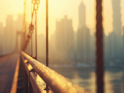 Bridge Railing with Cityscape in Background at Sunset 