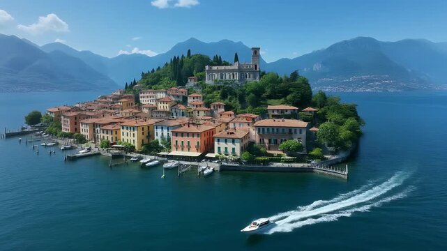 Scenic Aerial View Of Isola Pescatori Island With Colorful Buildings And Boats On Lake Maggiore Italy On A Sunny Day