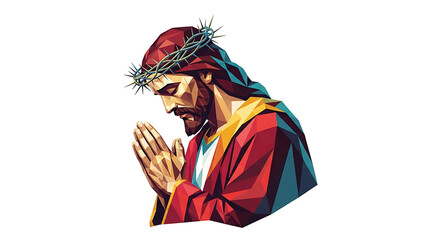 Fototapeta premium Low poly illustration of Jesus Christ praying with crown of thorns