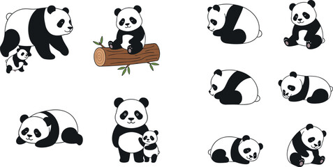 Cute panda cartoon collection vector illustration with different poses and expressions, adorable bear characters set for kids design, wildlife themes and nursery decor © Yevhenii creative