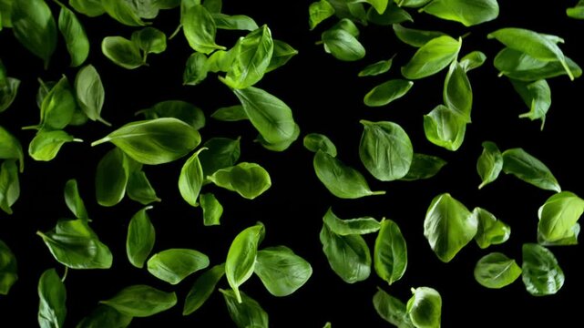 Super Slow Motion of Flying Fresh Basil Leaves, Isolated on Black Background . Filmed on High Speed Cinema Camera, 1000 fps .