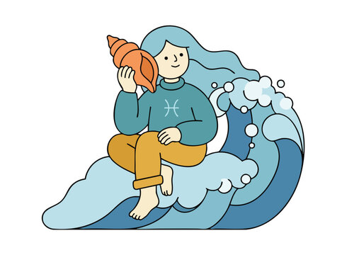 Woman with long blue hair holding a seashell.