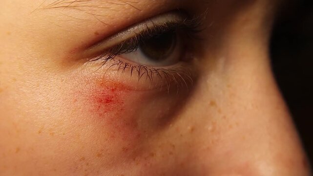 Abrasion (superficial wound) under a child&rsquo;s eye after a fall during play. Reveals redness, mild swelling, and eyelid twitch on closure indicating pain.  Ideal for pediatric trauma, healthcare, safety