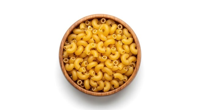 Overhead shot of elbow macaroni pasta in wooden bowl on white background.