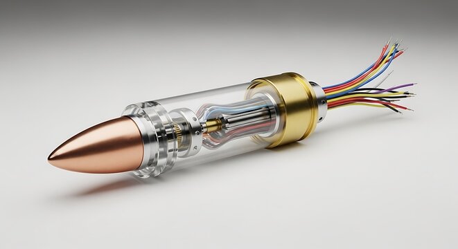 A see-through bullet model with internal components and wires, resting on a white surface