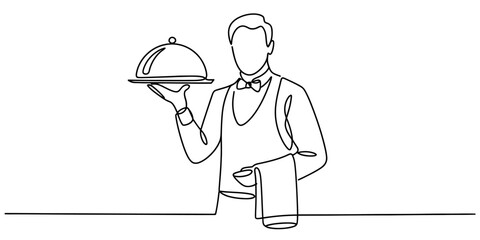 A single line drawing of a professional waiter holding a serving tray with a food dome cover Vector, illustration © Rimi Kailash Arts