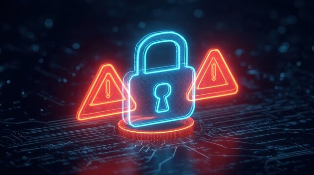 Digital Illustration of a Neon Lock Symbol Surrounded by Warning Signs on a Circuit Board Background