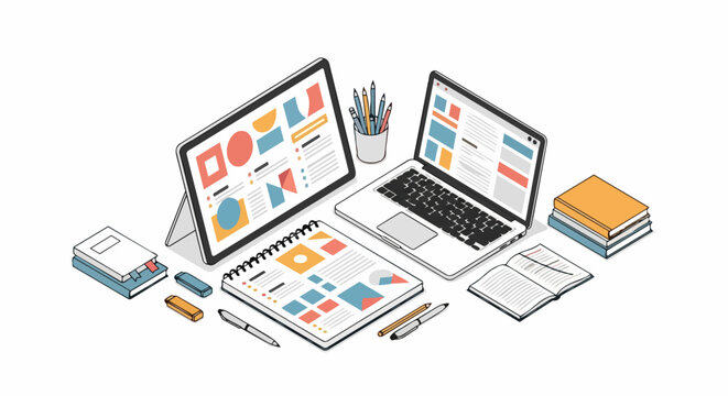 Modern Isometric Creative Workspace Illustration Featuring Laptop, Tablet, Notebook, and Design Tools for UI/UX and Web Development Projects