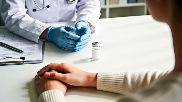 Hands of Doctor and Female Patient Hands at Desk with Vial, Modern Clinic Setting