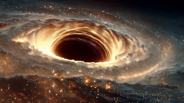Ultra HD Majestic 3D animation of a supermassive black hole event horizon with radiant light energy and a whirlpool of celestial particles and nebula gas 4K video