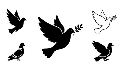 Obraz premium A set of dove silhouettes in various flying positions with olive branches