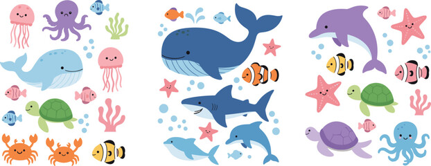 Cute underwater animals collection with whale dolphin shark turtle fish octopus and jellyfish cartoon vector illustration set for kids design © Yevhenii creative