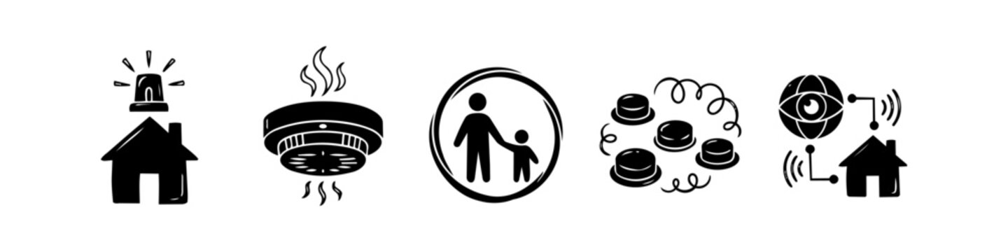 Hand-drawn home security and safety icons set featuring smoke detector, siren, family protection, and smart surveillance monitoring. Minimalist black and white doodle style illustrations.