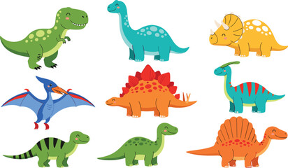 Cute Dinosaur Collection with Cartoon Jurassic Creatures Including T Rex Triceratops Stegosaurus and Flying Pterodactyl for Kids Illustration Design © Mifta