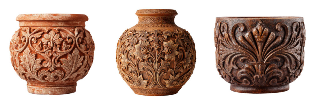 Set of A highly detailed Impruneta terracotta planter featuring sculpted faun figures, classic Italian craftsmanship on transparent png background. Ai generated