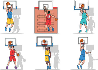 Basketball Players Dunking Collection with Action Shots of Athletes Scoring Slam Dunks for Sports Illustration Training Design and Game Graphics © Mifta
