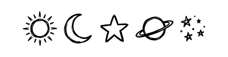 Collection of hand-drawn celestial icons featuring sun, moon, stars, and Saturn. Minimalist black doodle line art set perfect for banners and web design on white background. © Nort Kor