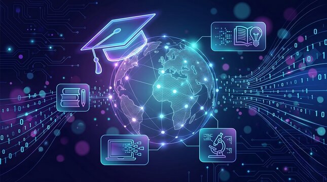 Global Digital Education Concept with Futuristic Neon Graduation Cap and AI Technology Icons