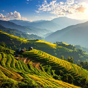 Mountain terraces under sunny sky