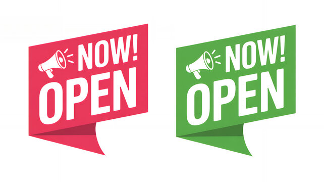 Red and green now open speech bubble tags with megaphone isolated on a white background
