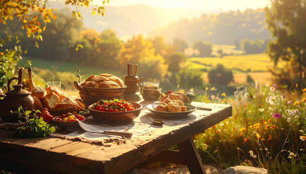 Outdoor feast on wooden table with food
