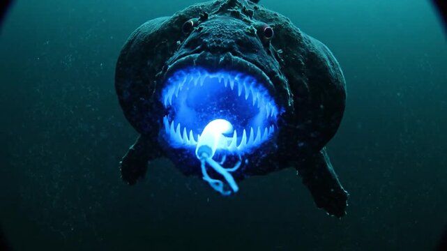 Anglerfish Luring Prey with Bioluminescent Light in Deep Ocean