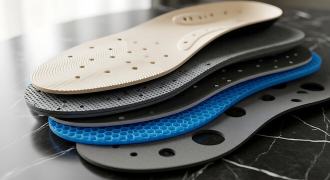 Ergonomic shoe insoles stacked, offering superior foot comfort and arch support with innovative material layers and design