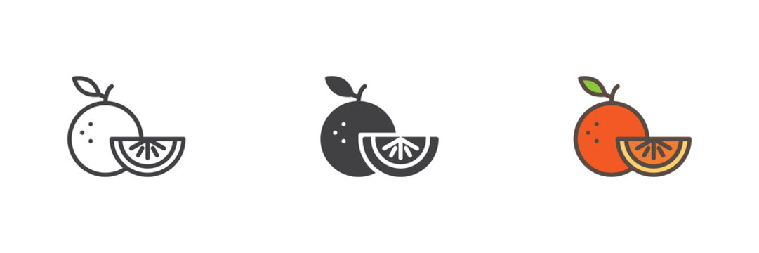 Orange fruit icon set with citrus slice in line, filled outline and solid styles. Color vector icon sign symbol for fresh fruit. Orange icon for juice and grocery.