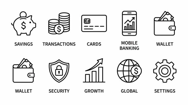 A collection of financial icons for banking and money management