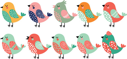 Obraz premium Cute Colorful Bird Character Set with Decorative Patterns and Cartoon Style Animals for Kids Illustration Design and Nature Graphics