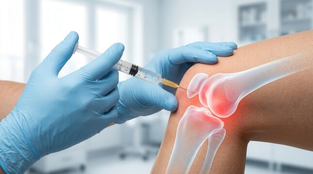 Healthcare professional administering a platelet-rich plasma injection into a knee joint affected by osteoarthritis, demonstrating the treatment of pain, inflammation, and bone anatomy.