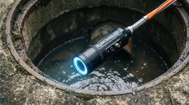The wet interior of a drain manhole is examined by a specialized pipe inspection camera and its cable for comprehensive drain cleaning assessment.