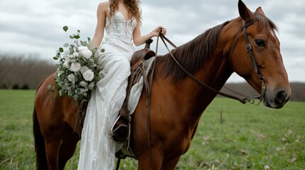 Fototapeta premium Bride in elegant white dress riding horse in scenic outdoor setting