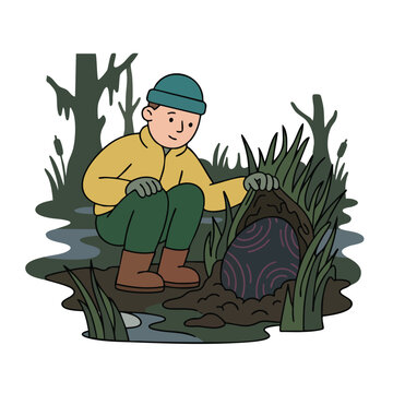 Young man discovering a large egg in a swamp.