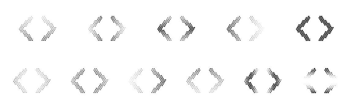 Chevron Selector Horizontal Halftone Icon Collection &ndash; Chevron Selector Horizontal Dotted Circles Halftones Geometric Dots Gradient &ndash; Dot Spray Gradient Vector Set