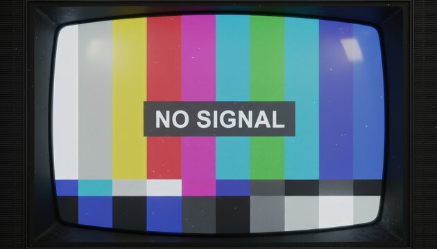 Old television screen displaying a test pattern with color bars and a prominent no signal message, symbolizing technical issues, communication failure, and retro media