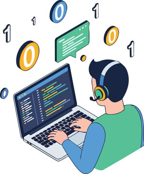 Isometric Programmer Developer Working on Laptop with Binary Code and Software Interface Illustration