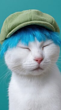 White cat with green cap and blue wig against teal background
