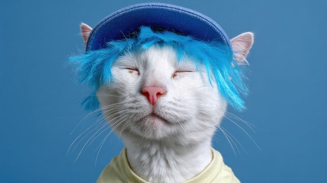 White cat with blue wig and cap posing against blue background