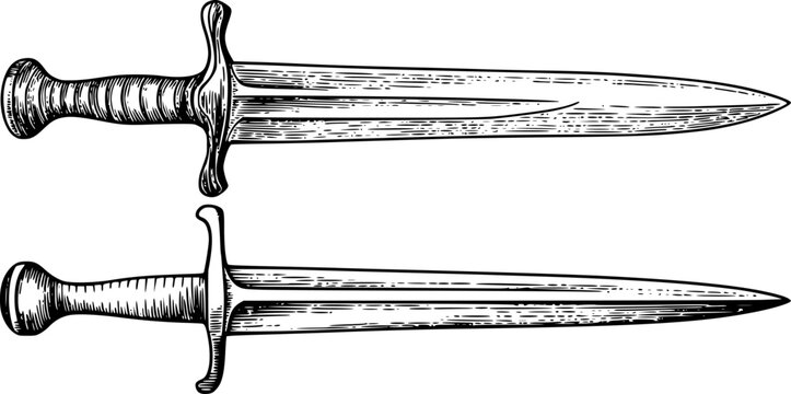 Antique swords, detailed black and white engraving style, isolated white background
